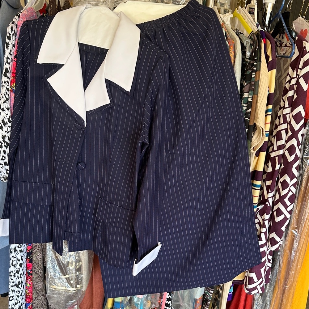 Navy Pinstripe Skirt Suit with White Collar